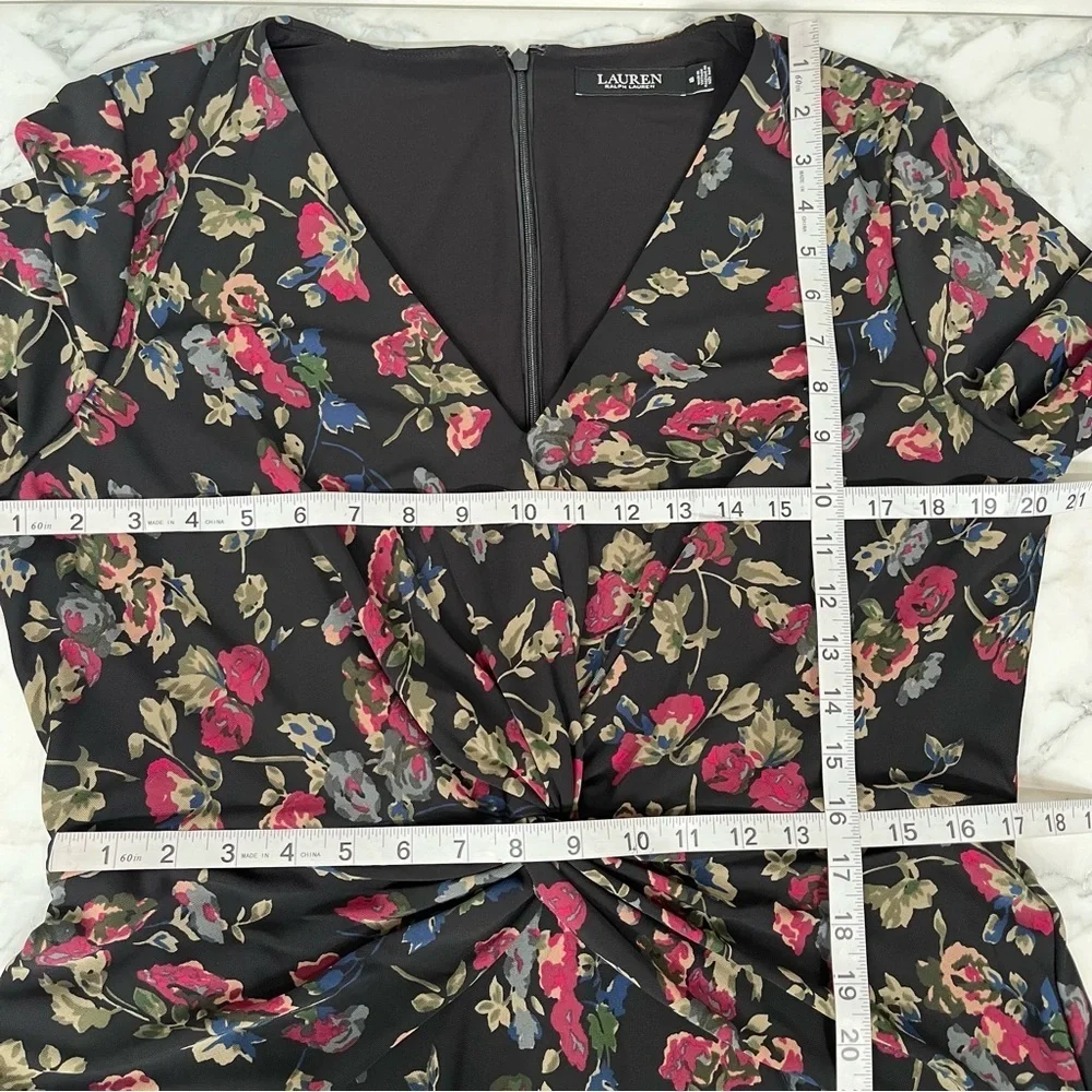 Lauren Ralph Lauren Black Moody Floral Surplice Stretch Jersey Midi Dress 16 - Picture 10 of 15